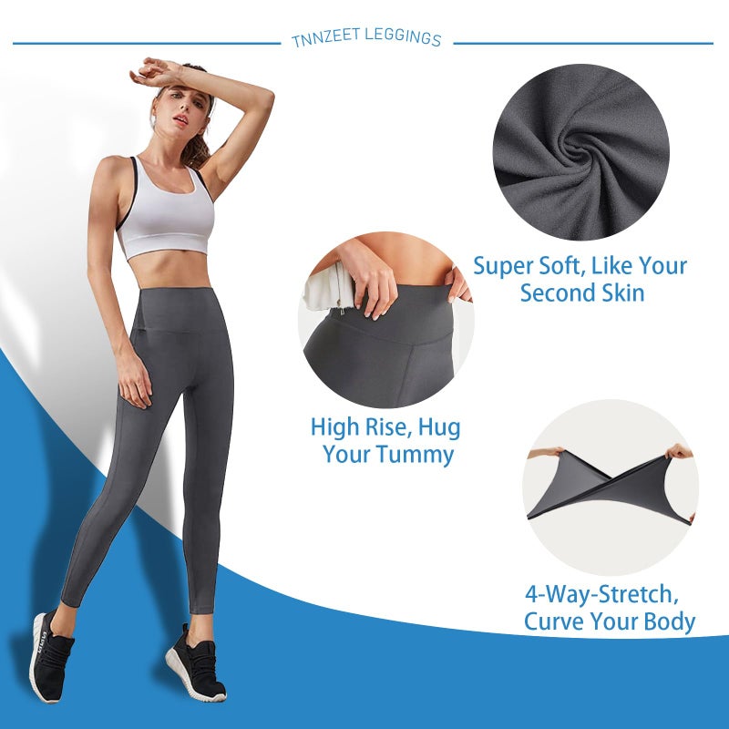 TNNZEET High Waisted Leggings for Women - No See Through Tummy Novelty Workout Yoga Pants with Pockets Reg & Plus Grey - Image 3
